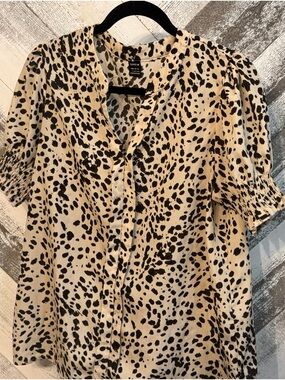 SHEIN Beige and Black Leopard Print Puff-Sleeve Button Front Top
